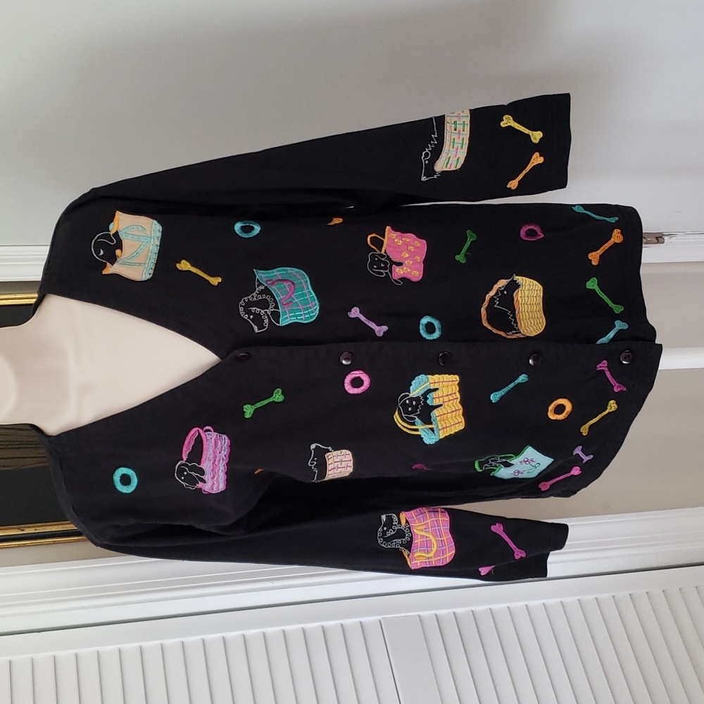 Vintage Michael Simon Lite Pastel Dogs in Baskets & Bags Cardigan Size S